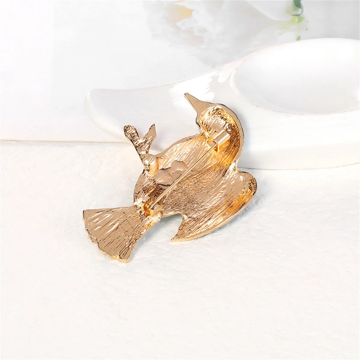 Teal Enamel & 18K Gold-Plated Bird Brooch