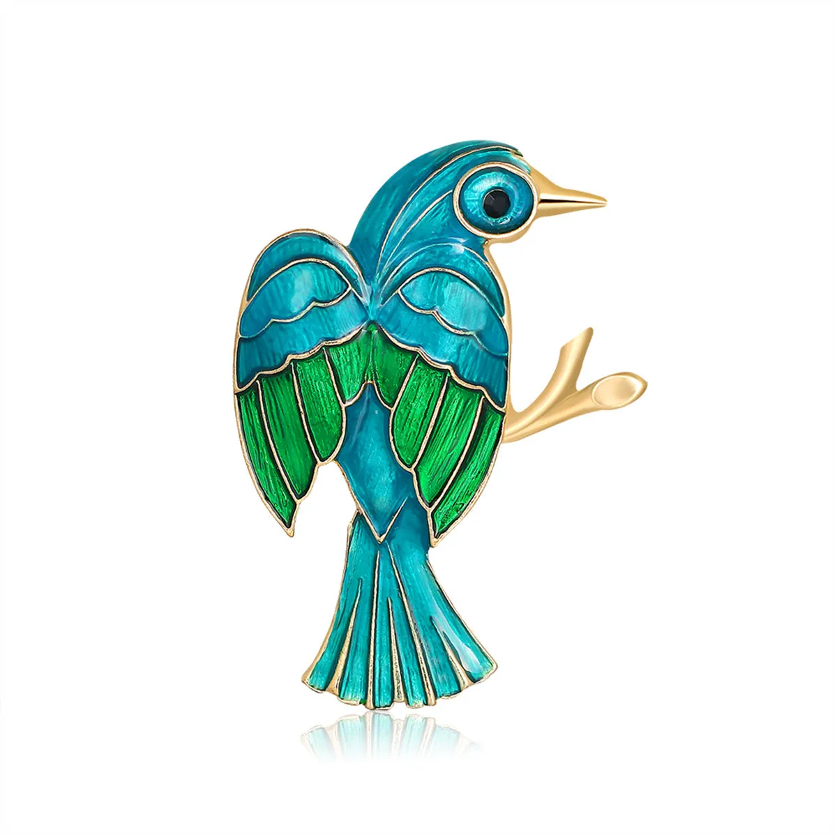 Teal Enamel & 18K Gold-Plated Bird Brooch