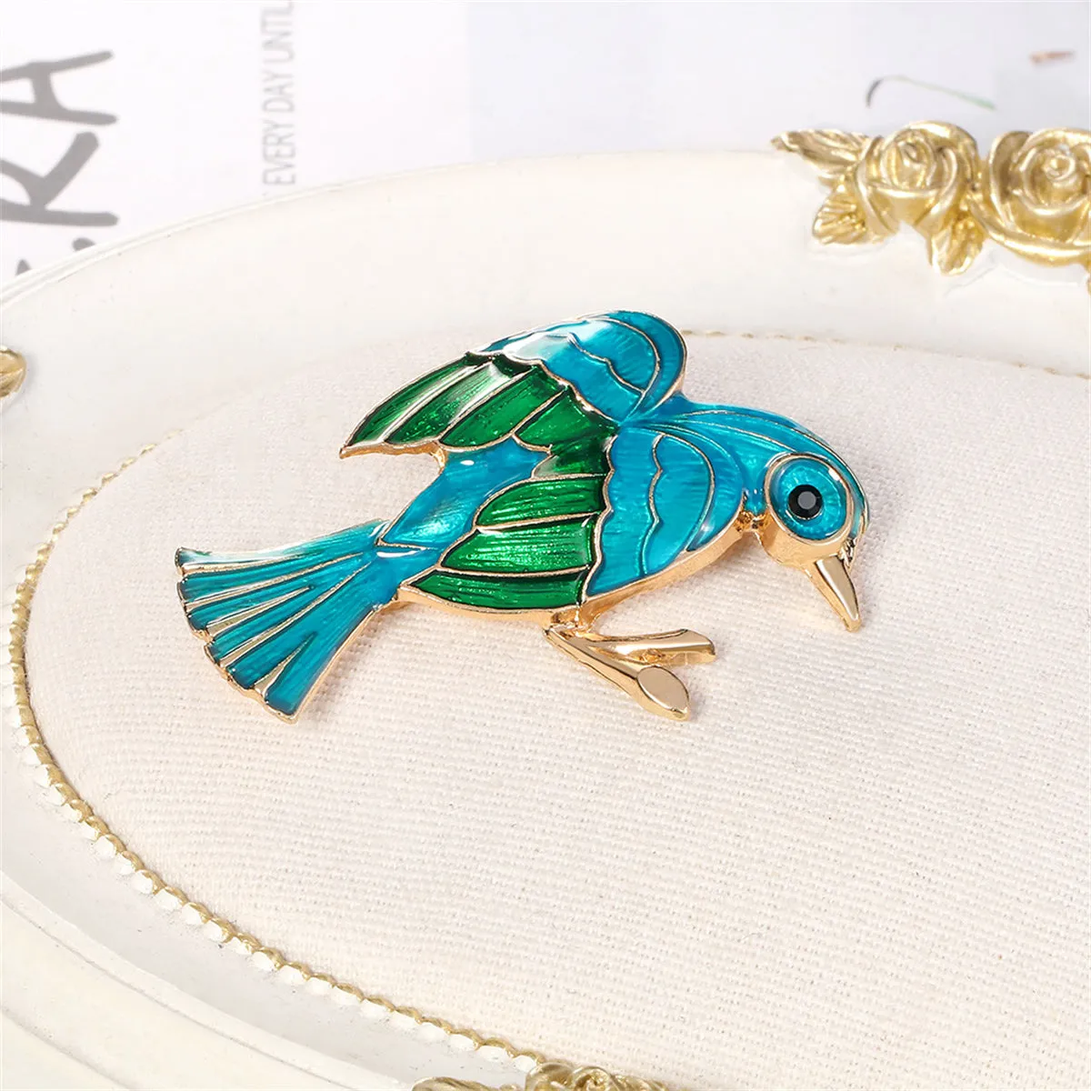Teal Enamel & 18K Gold-Plated Bird Brooch