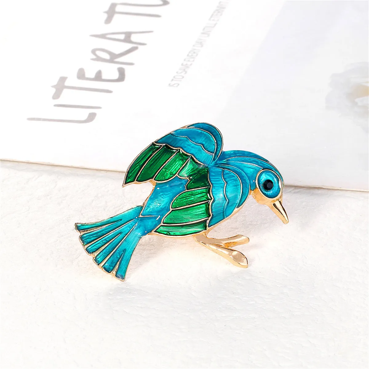 Teal Enamel & 18K Gold-Plated Bird Brooch