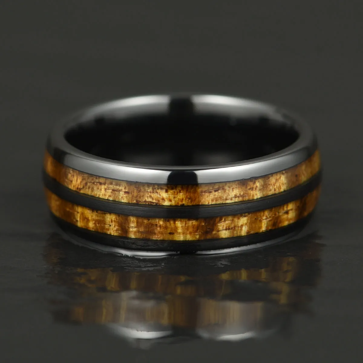 The Renegade Ring - Tungsten Koa Wood Black Inlay Men's Wedding Band 8MM - 12.5