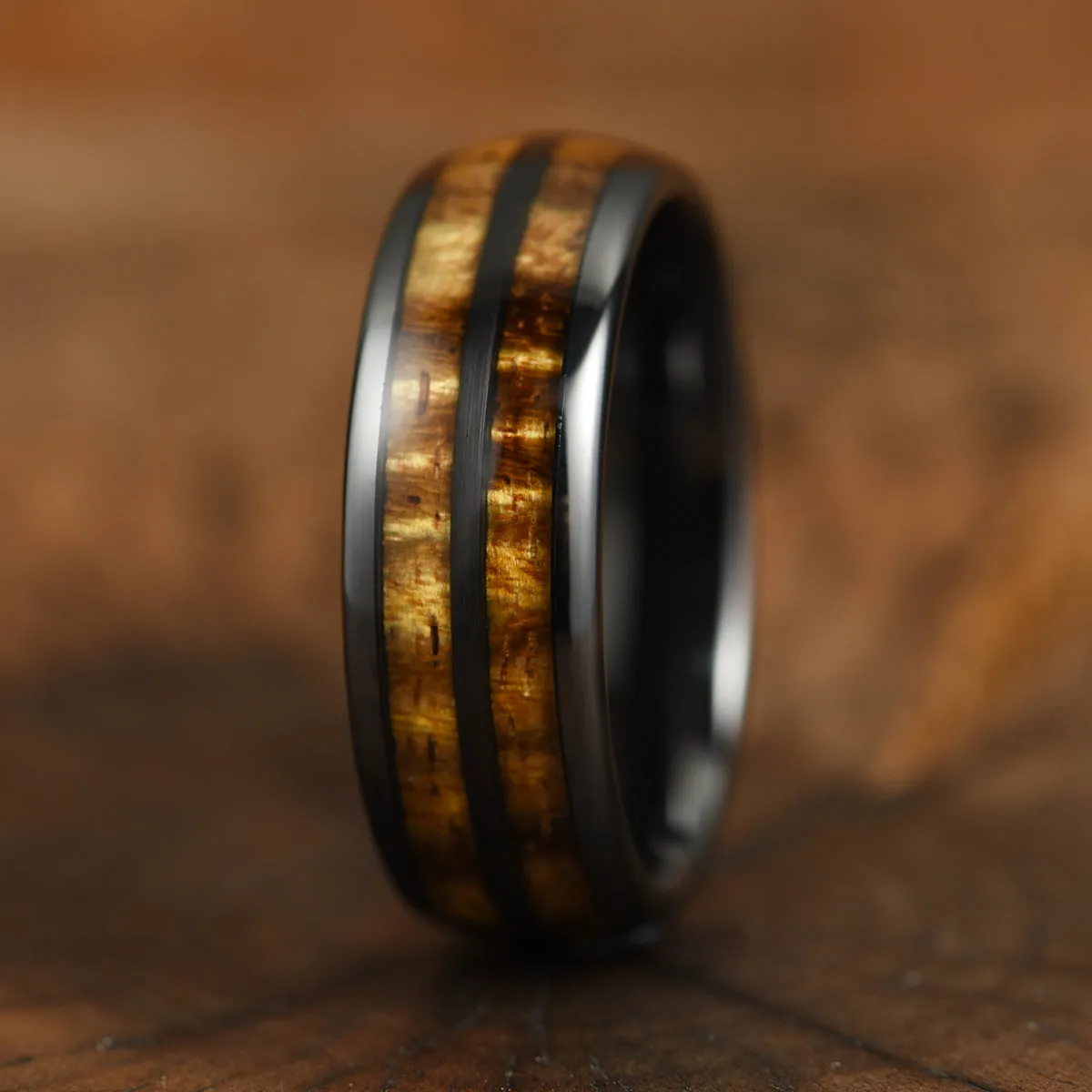 The Renegade Ring - Tungsten Koa Wood Black Inlay Men's Wedding Band 8MM