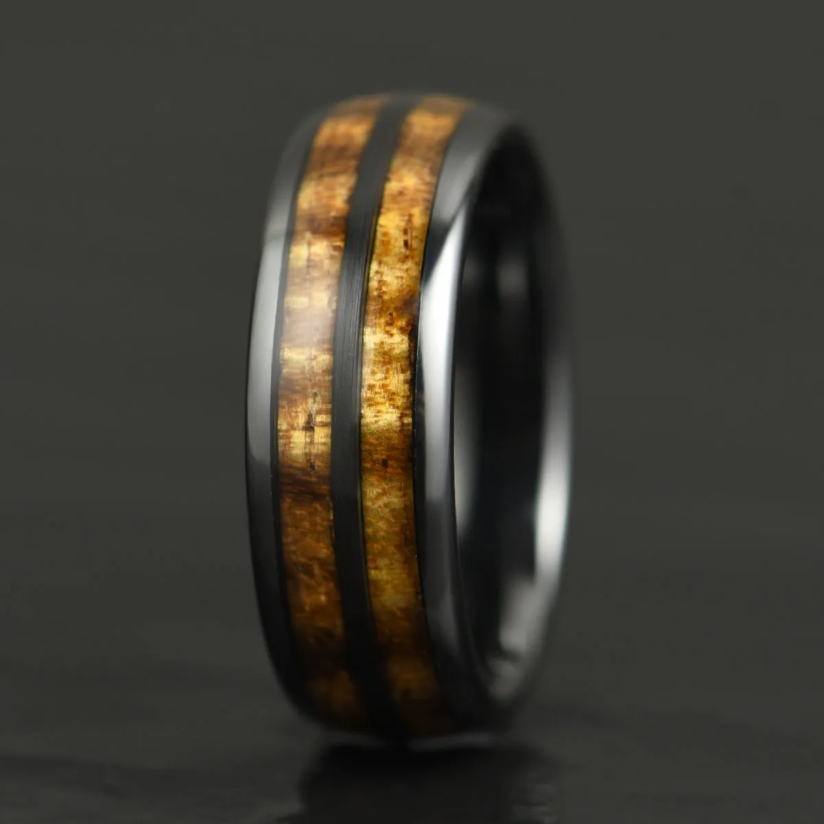 The Renegade Ring - Tungsten Koa Wood Black Inlay Men's Wedding Band 8MM