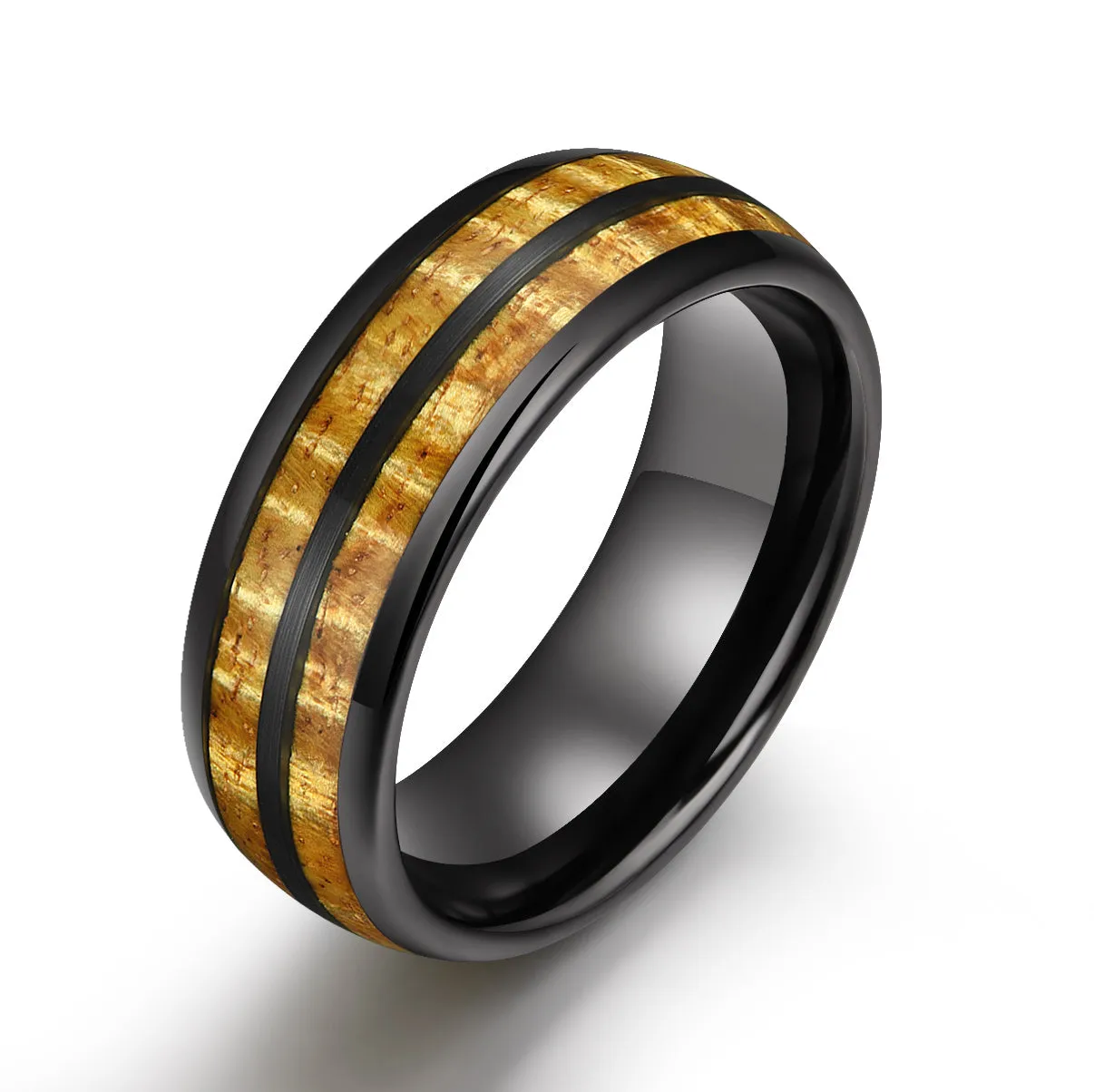 The Renegade Ring - Tungsten Koa Wood Black Inlay Men's Wedding Band 8MM