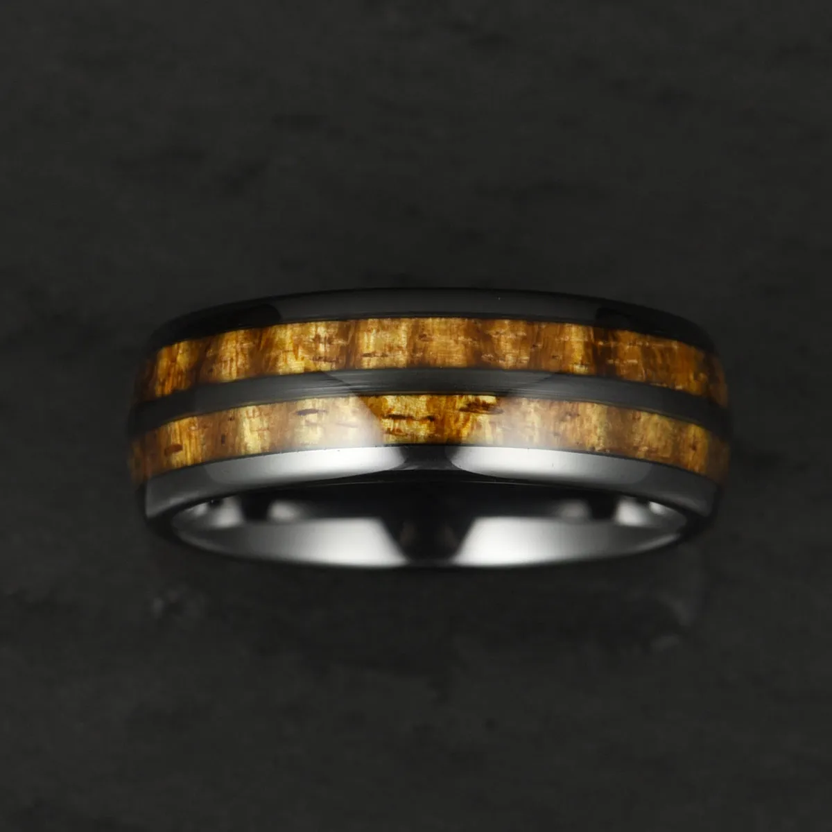 The Renegade Ring - Tungsten Koa Wood Black Inlay Men's Wedding Band 8MM