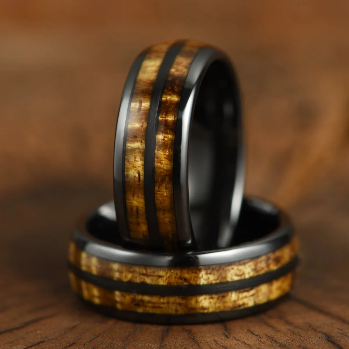 The Renegade Ring - Tungsten Koa Wood Black Inlay Men's Wedding Band 8MM