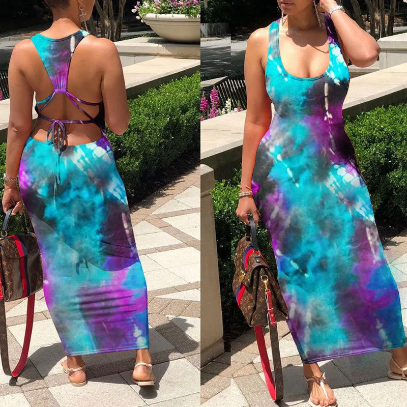Tie Dye Print Cut Out Back Maxi Dress