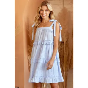 Tiered Solid Cotton Dress with Shoulder Ties