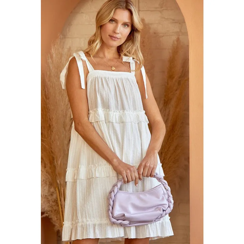 Tiered Solid Cotton Dress with Shoulder Ties