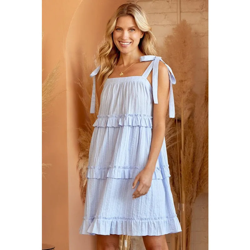 Tiered Solid Cotton Dress with Shoulder Ties