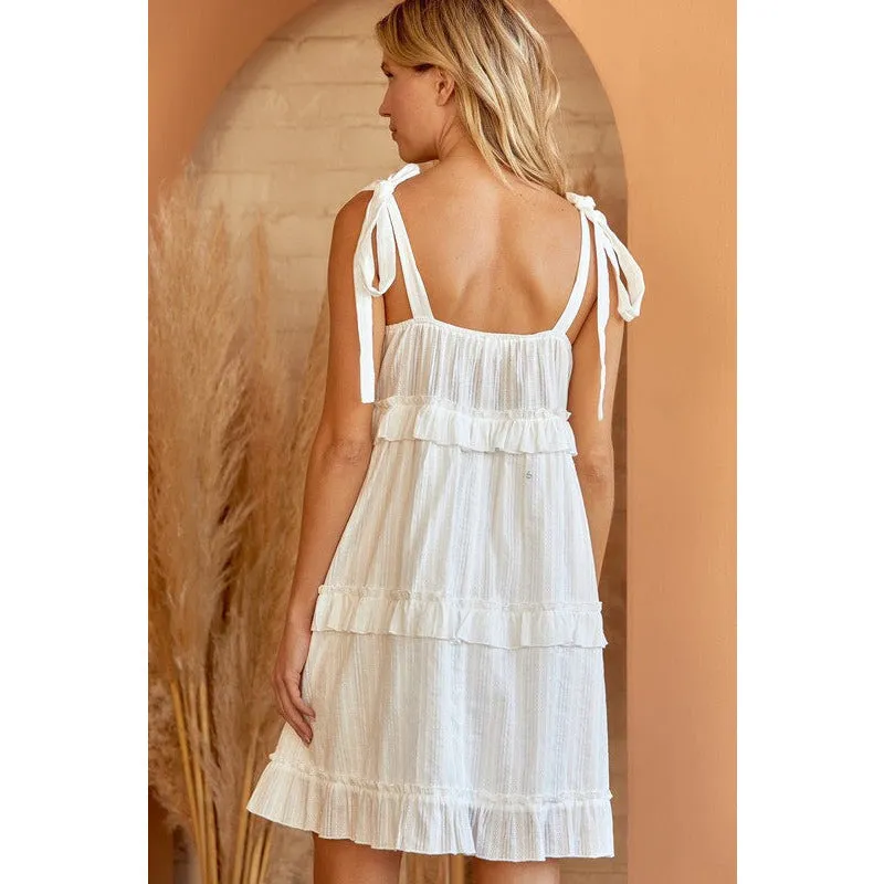 Tiered Solid Cotton Dress with Shoulder Ties