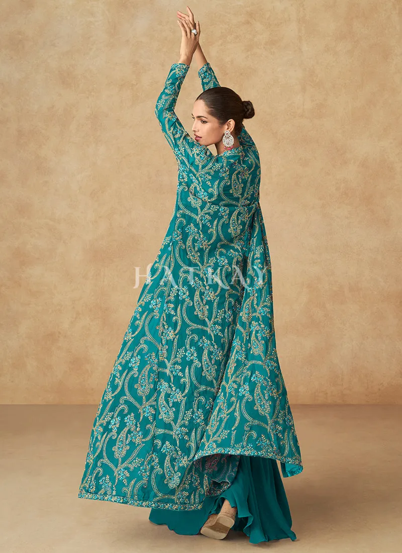 Turquoise Blue Embroidered Jacket Style Palazzo Suit