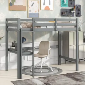Twin Size Pine Wood Loft Bed Frame with Built-in Desk Kids Ladder