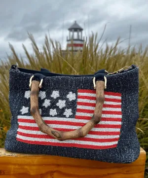 Unique Navy Beaded Purse With American Flag design