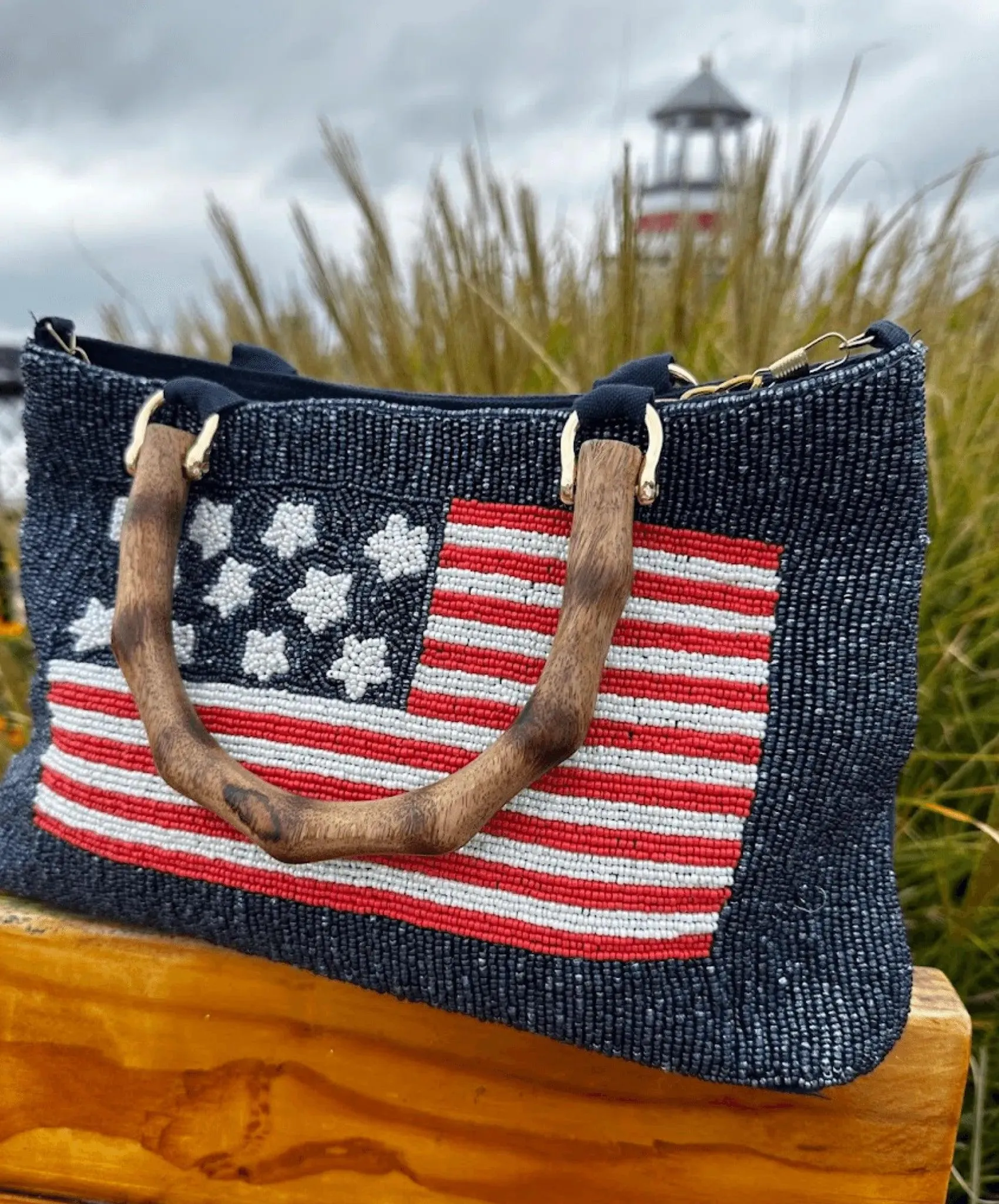 Unique Navy Beaded Purse With American Flag design