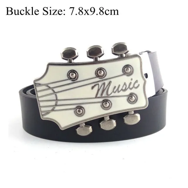 Unisex Fashion Cowgirl Cowboy Guitar Country Music Belt Buckles Metal High Quality Black PU Leather Belts For Men Women Jeans