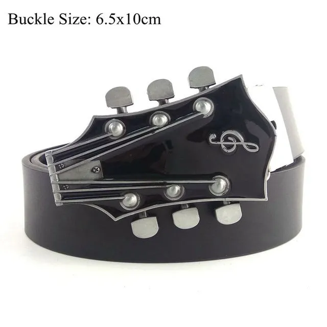 Unisex Fashion Cowgirl Cowboy Guitar Country Music Belt Buckles Metal High Quality Black PU Leather Belts For Men Women Jeans