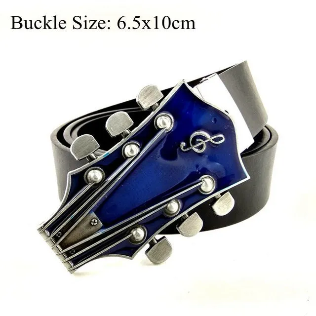 Unisex Fashion Cowgirl Cowboy Guitar Country Music Belt Buckles Metal High Quality Black PU Leather Belts For Men Women Jeans