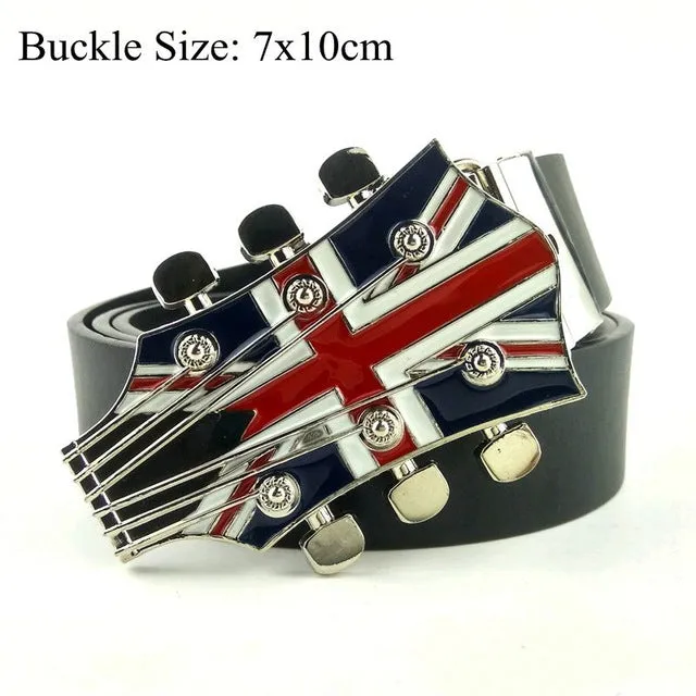 Unisex Fashion Cowgirl Cowboy Guitar Country Music Belt Buckles Metal High Quality Black PU Leather Belts For Men Women Jeans