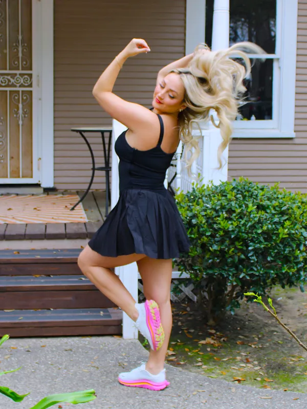 Up To Par Sporty Pleated Romper with Shorts, Black