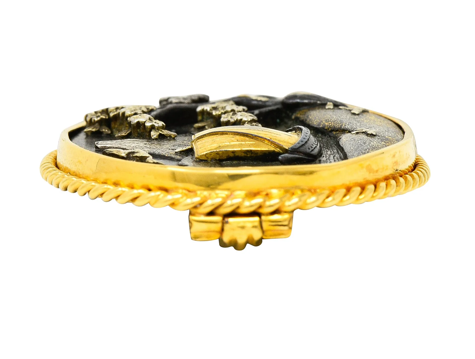 Victorian Japanese 18 Karat Yellow Gold Shibuichi Copper Silver Shakudo Antique Brooch