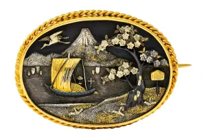 Victorian Japanese 18 Karat Yellow Gold Shibuichi Copper Silver Shakudo Antique Brooch