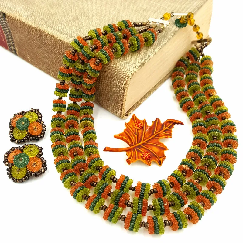 West Germany Vintage Necklace and Earring Set with Autumn Leaf Brooch