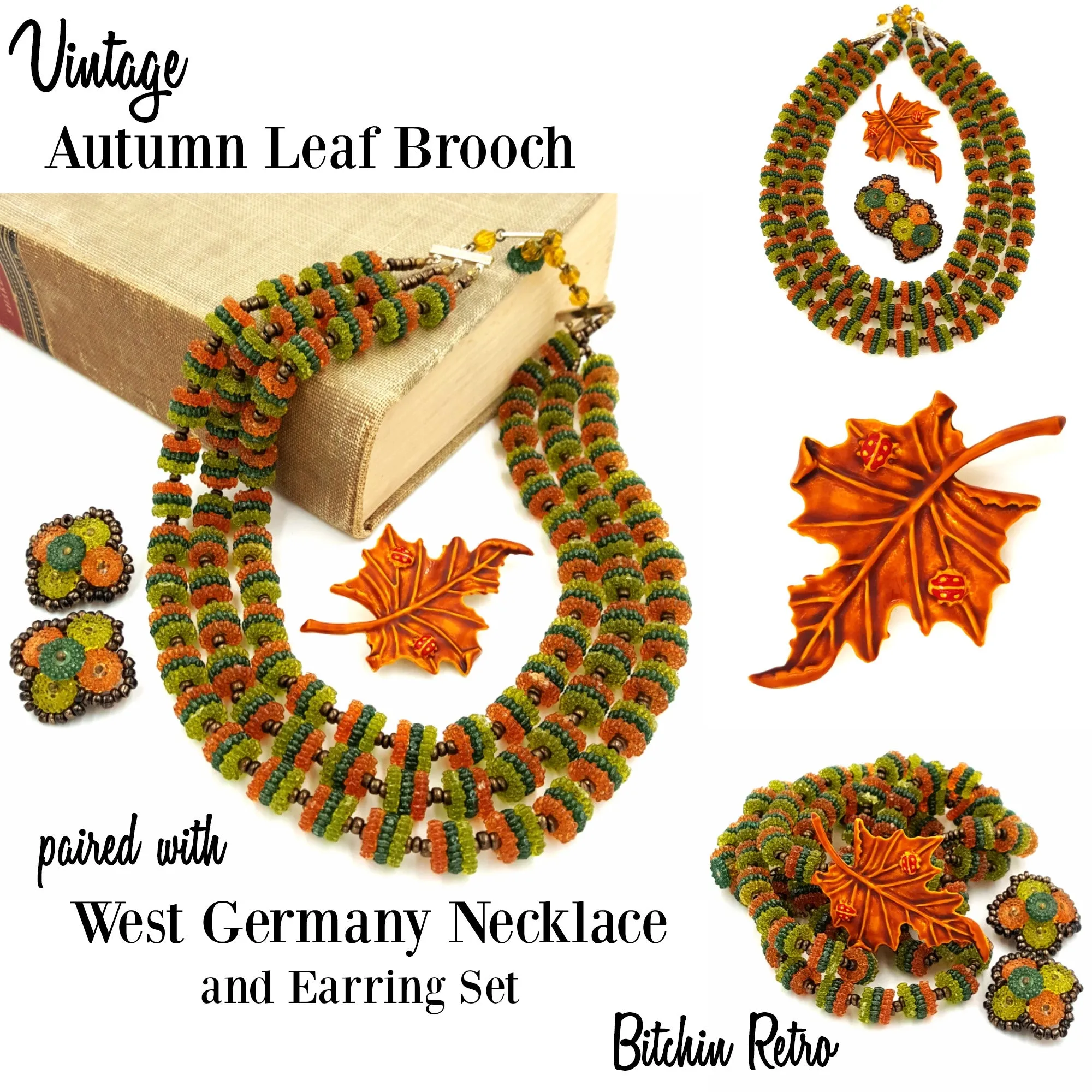 West Germany Vintage Necklace and Earring Set with Autumn Leaf Brooch