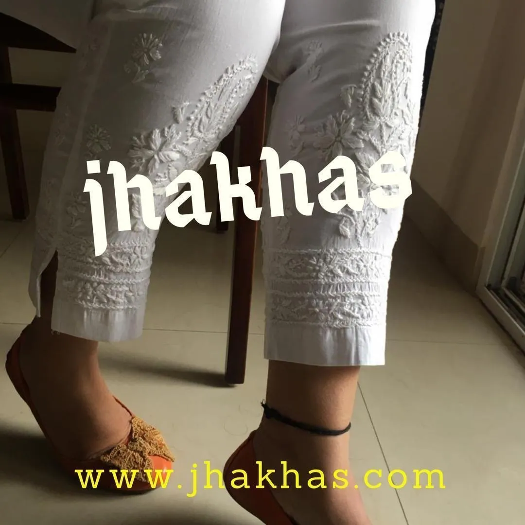 White Chikankari Straight Pant Stretchable