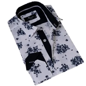 White Navy Floral Digital Men's  Slim Fit Designer Dress Shirt - Tailored Cotton Shirts for Work and Casual Wear