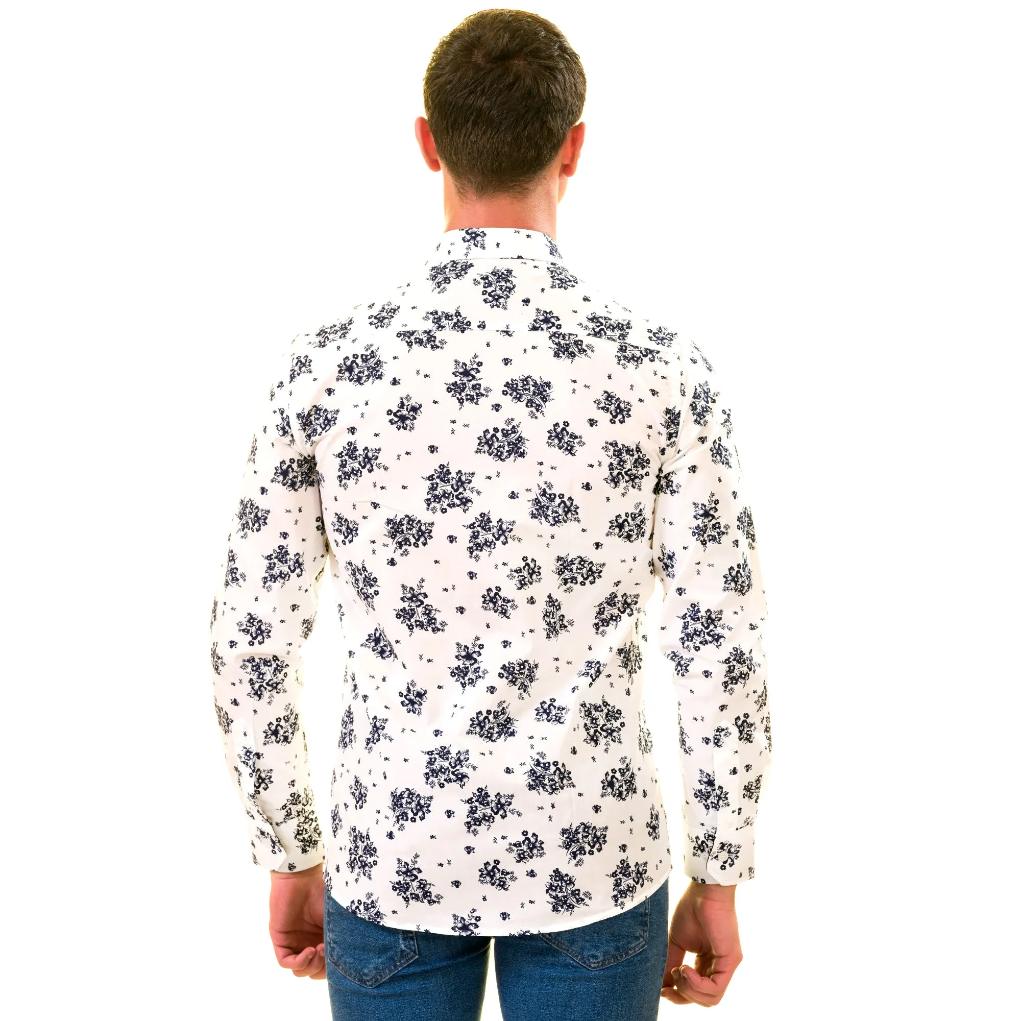 White Navy Floral Digital Men's  Slim Fit Designer Dress Shirt - Tailored Cotton Shirts for Work and Casual Wear