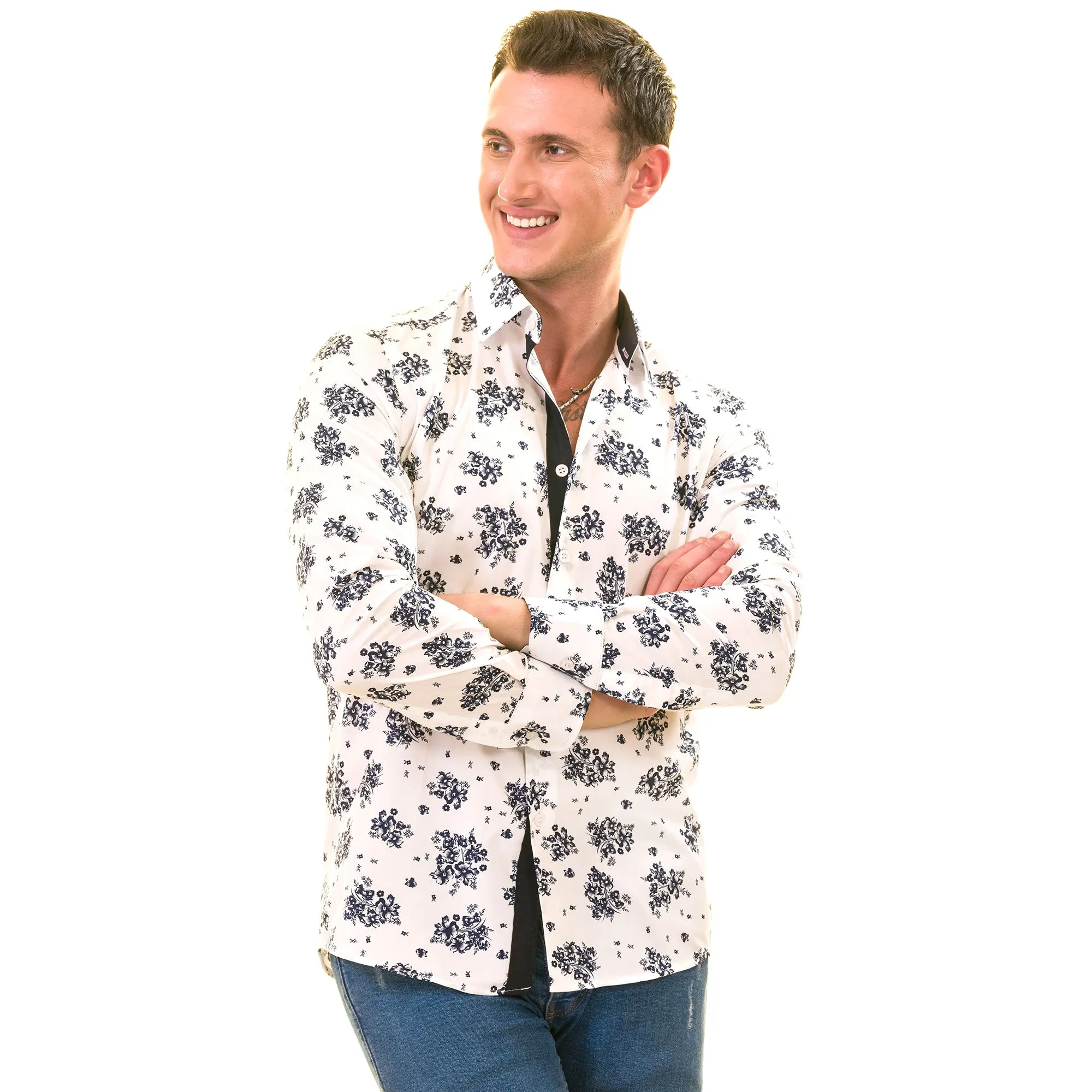 White Navy Floral Digital Men's  Slim Fit Designer Dress Shirt - Tailored Cotton Shirts for Work and Casual Wear
