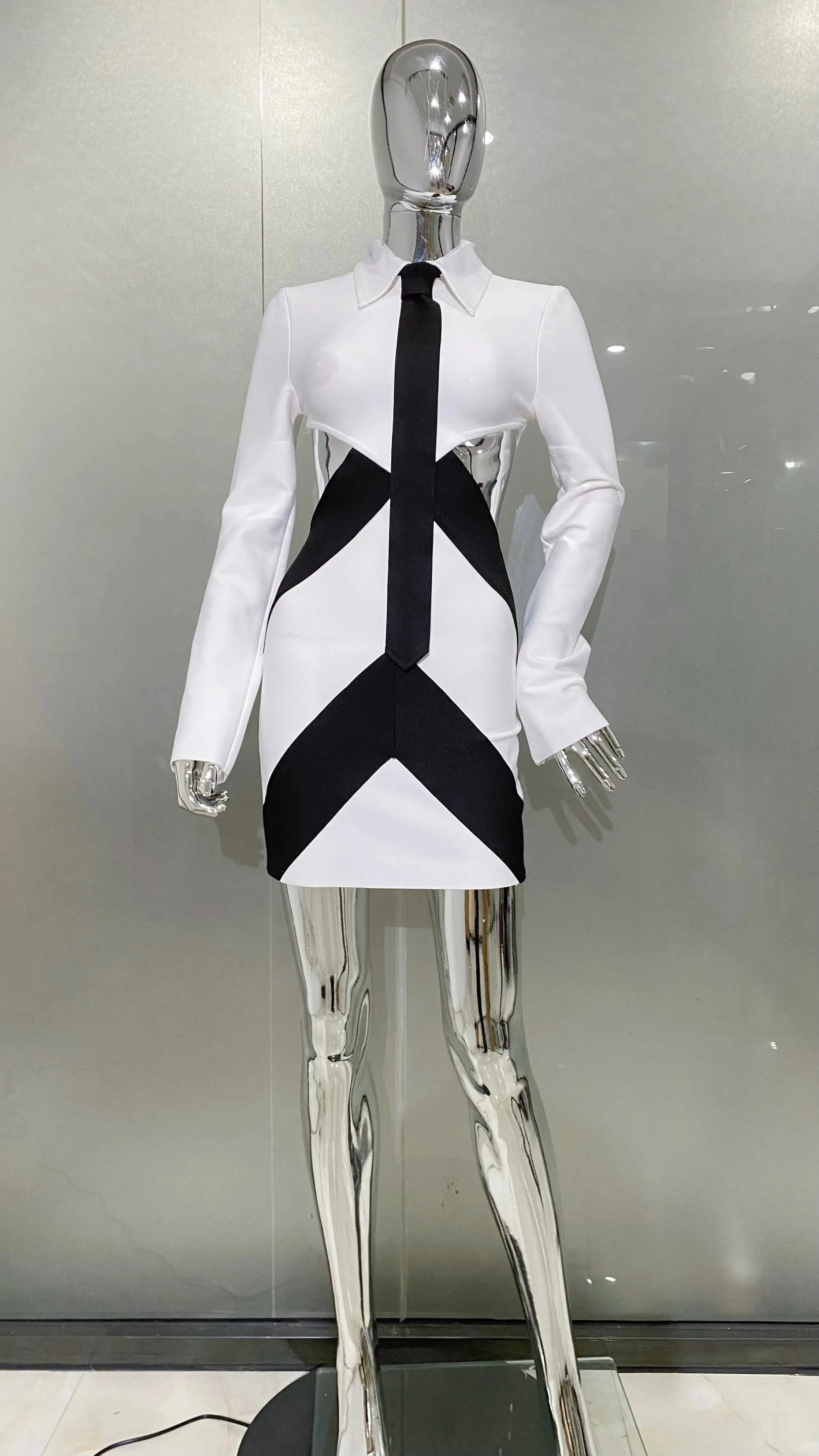 White Patchwork Black Cool Necktie Hollow Out Mini Bandage Dress