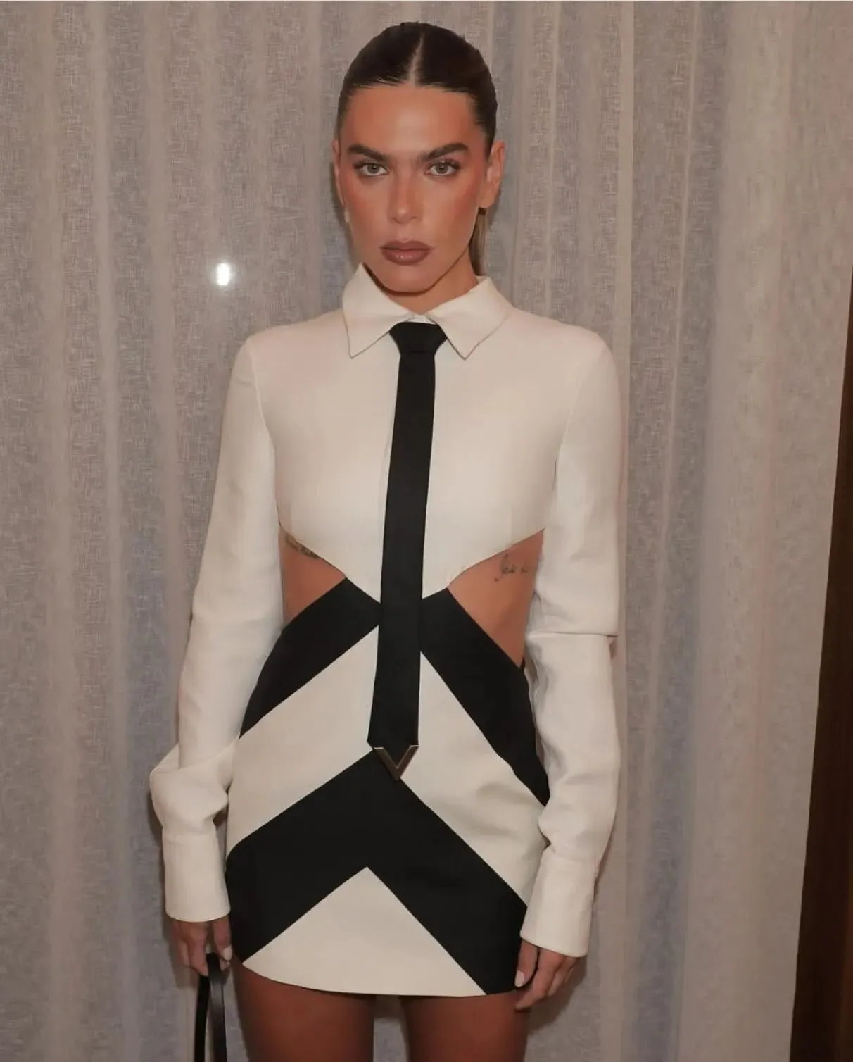 White Patchwork Black Cool Necktie Hollow Out Mini Bandage Dress