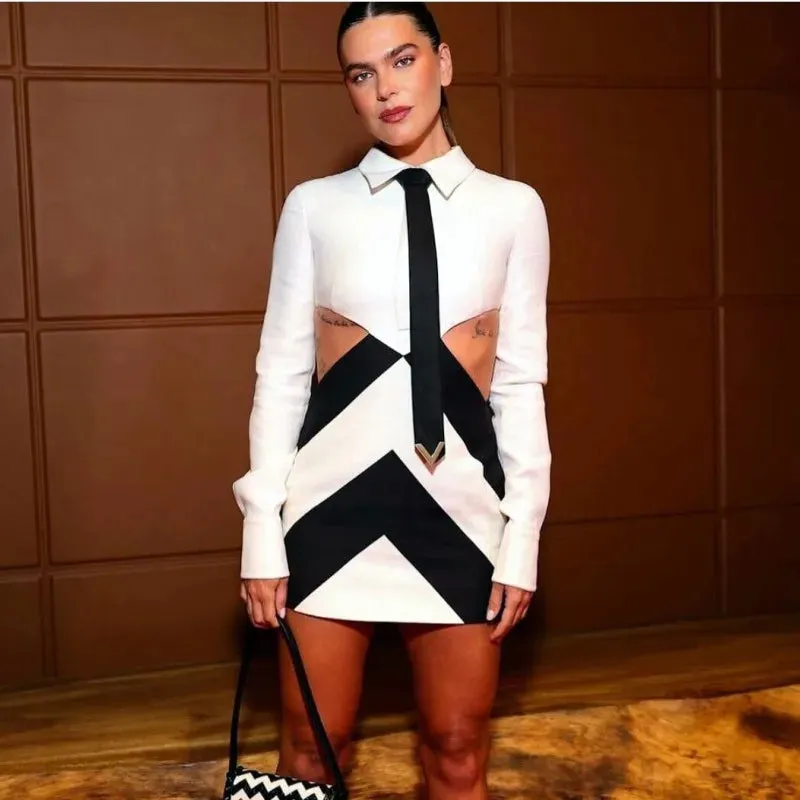 White Patchwork Black Cool Necktie Hollow Out Mini Bandage Dress