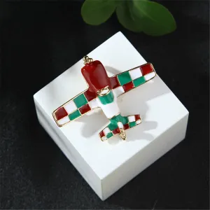 Wine Red & Green Enamel 18K Gold-Plated Airplane Brooch