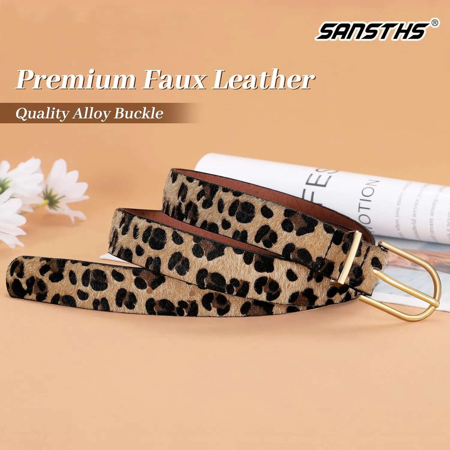 Women Faux Leather Chic Belts with Gold Curved Pin Buckle