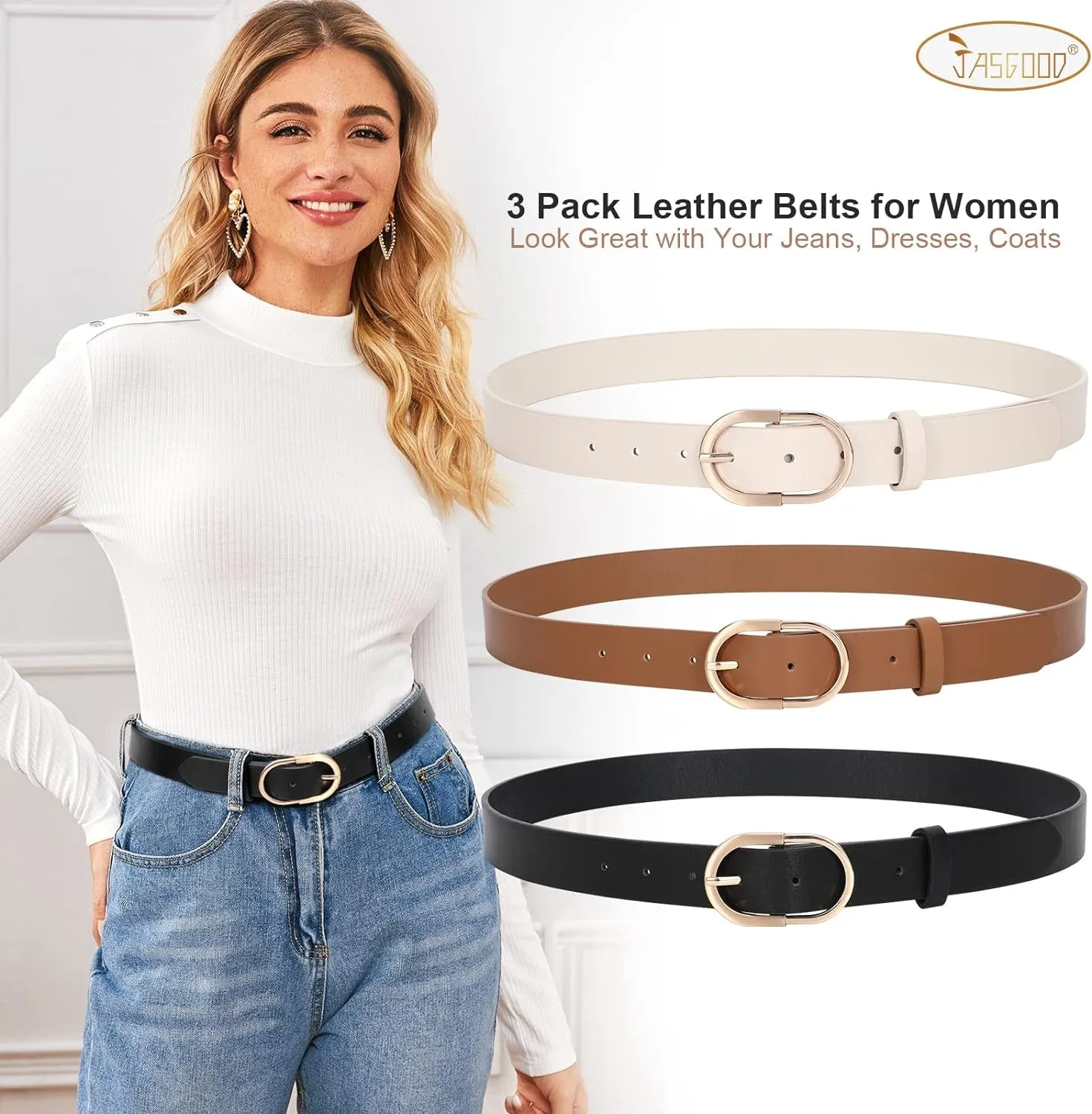 Women’s Leather Belts for Jeans and Pants with Gold Buckle