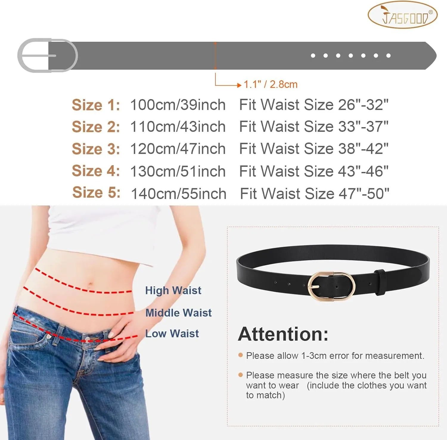 Women’s Leather Belts for Jeans and Pants with Gold Buckle