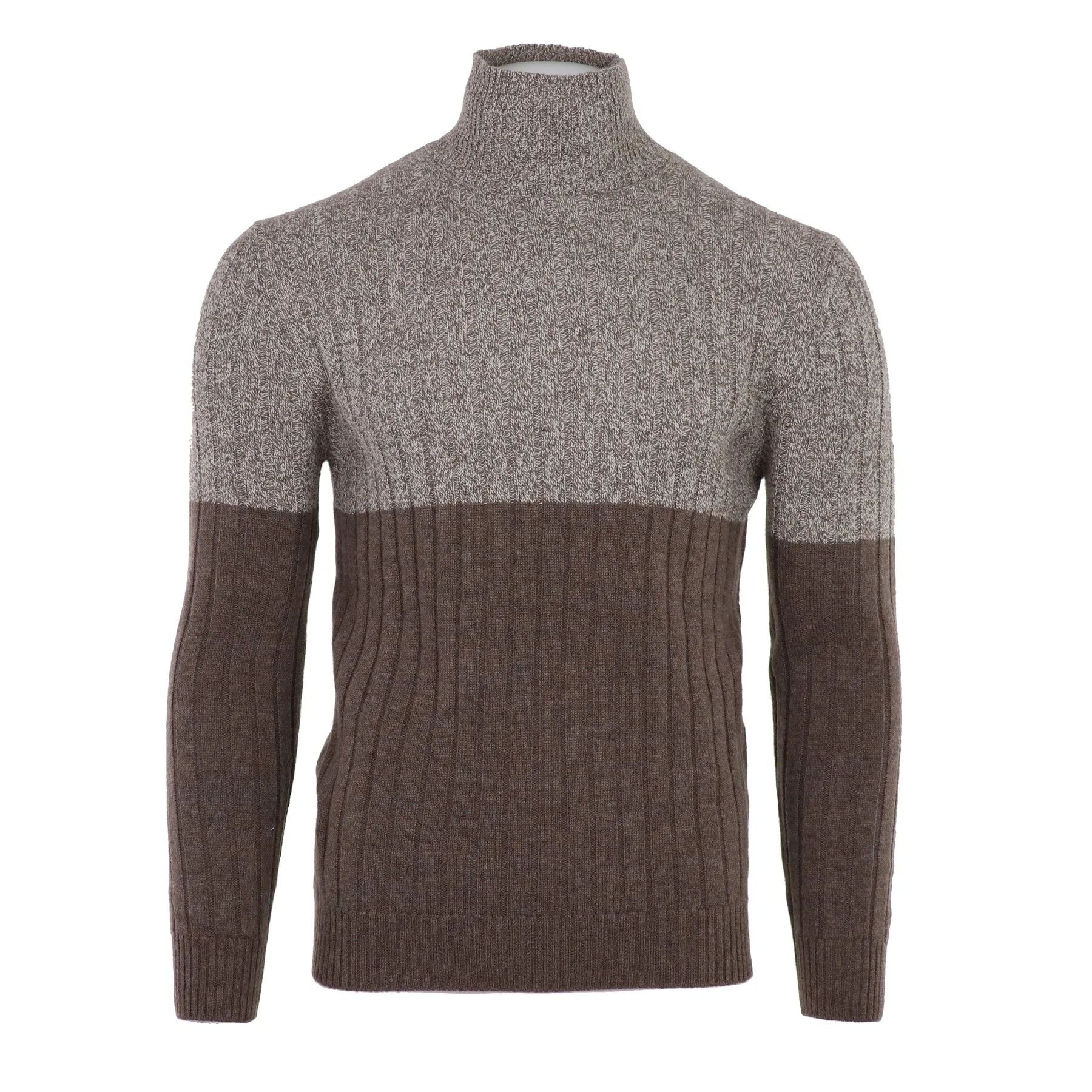 Wool Cashmere Mouline Mockneck in Brown & Tan