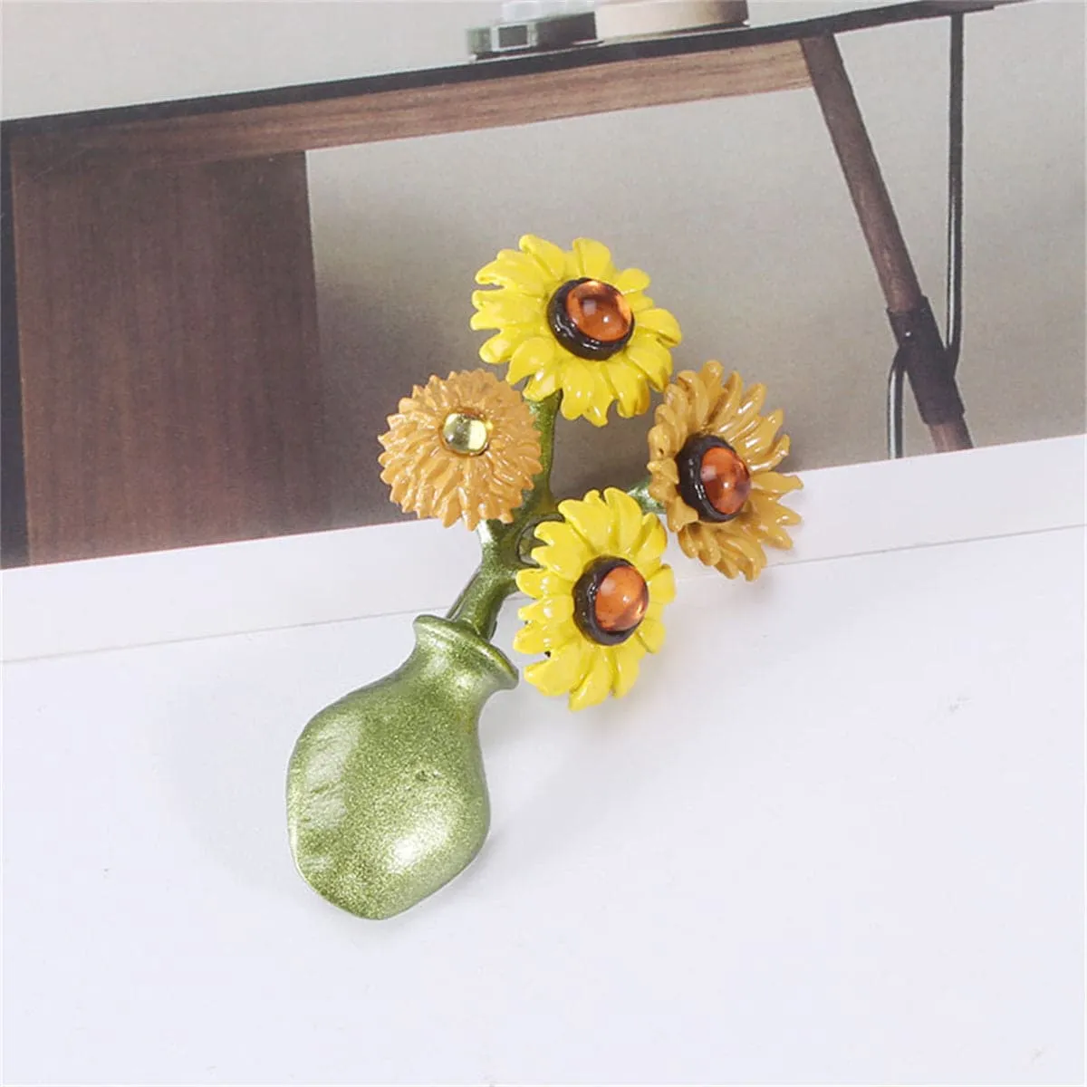Yellow & Green Sunflower Vase Brooch