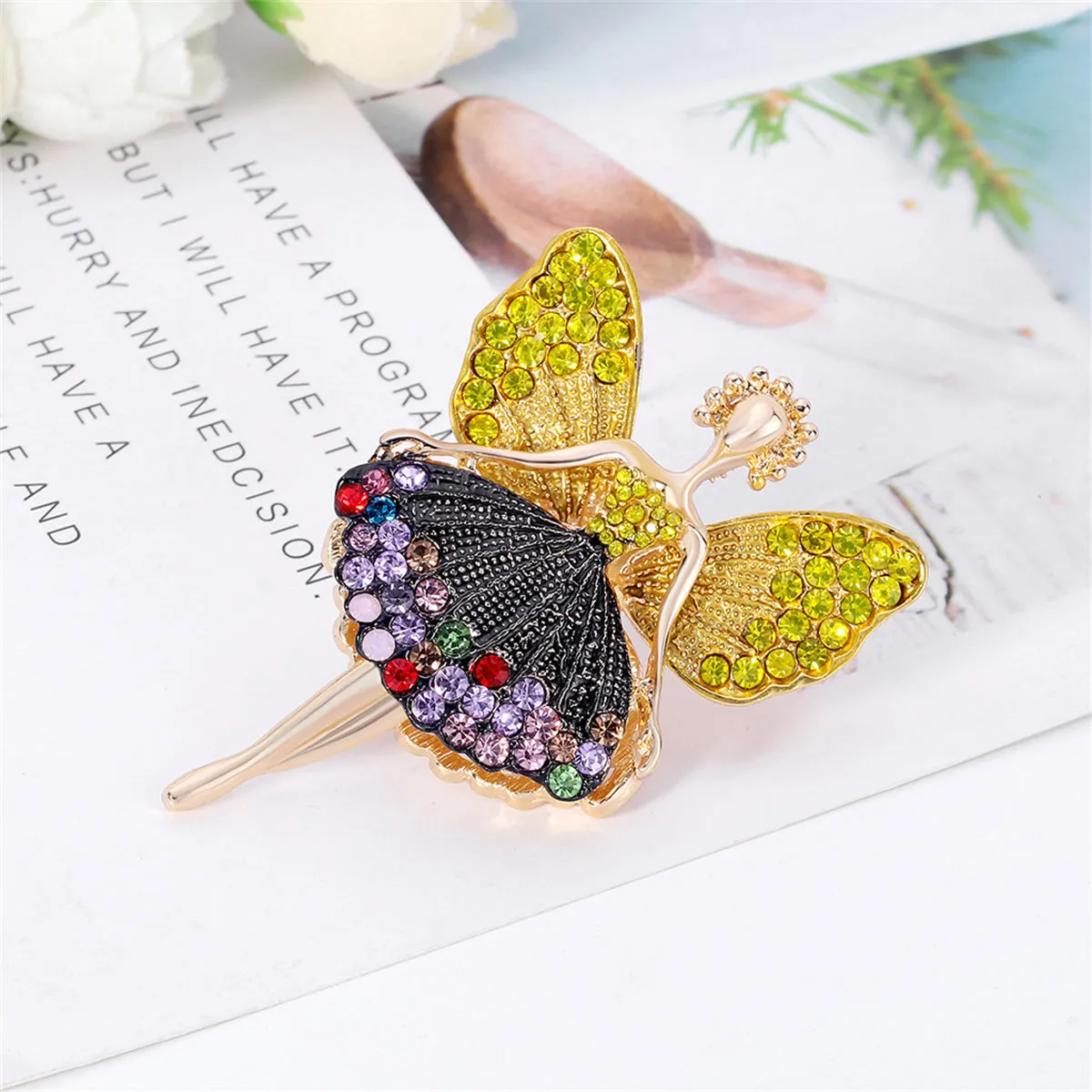 Yellow & Multicolor Cubic Zirconia & Gold-Plated Elf Brooch