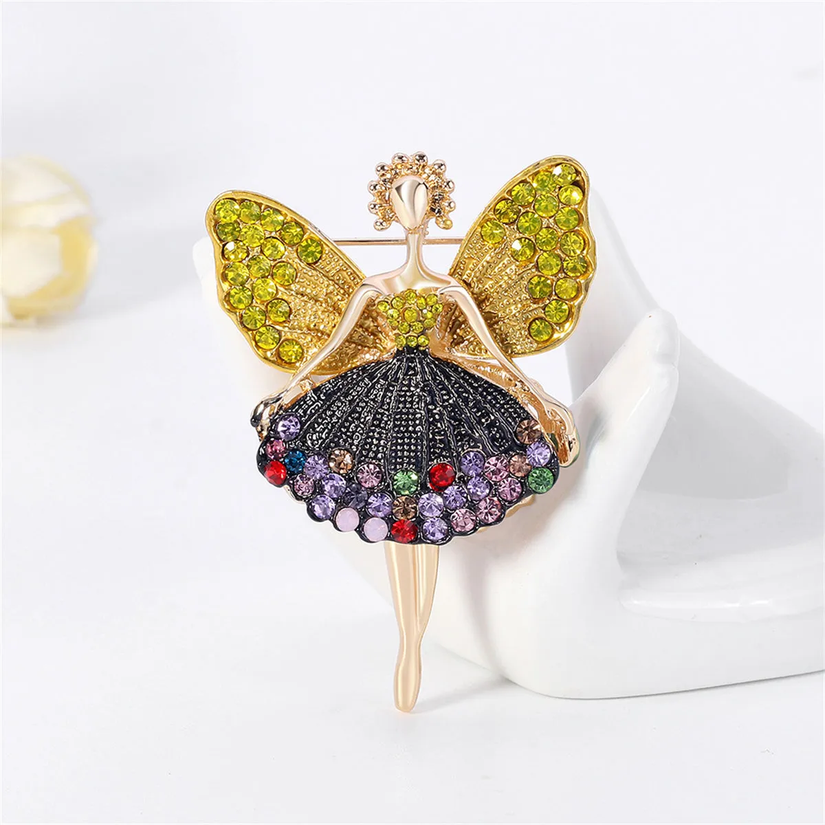 Yellow & Multicolor Cubic Zirconia & Gold-Plated Elf Brooch
