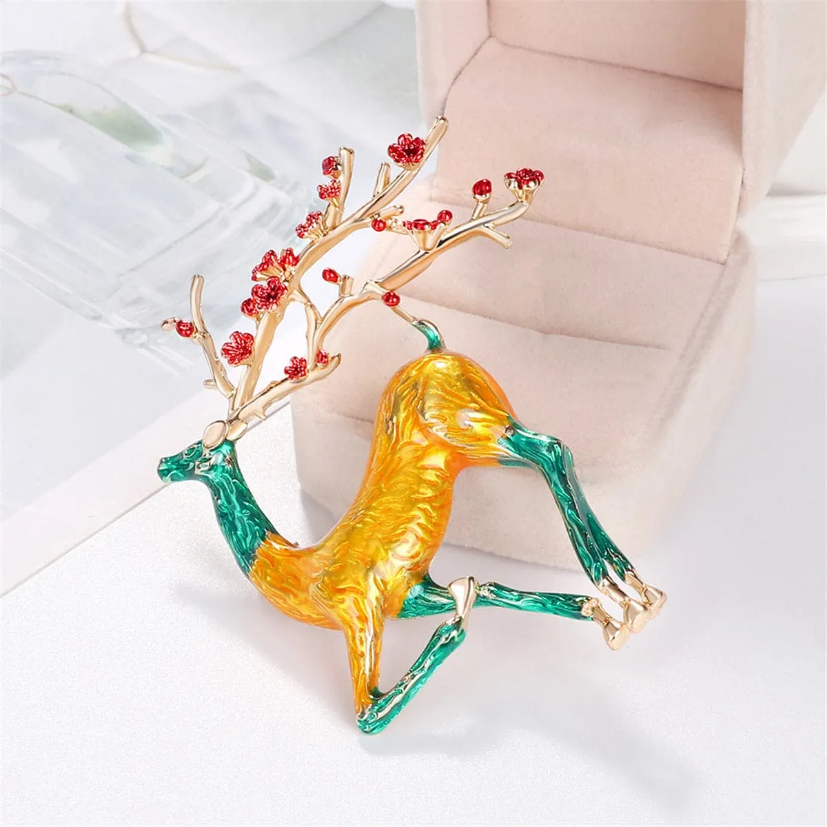 Yellow & Teal Enamel 18K Gold-Plated Deer Brooch