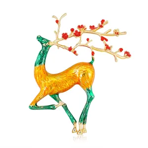 Yellow & Teal Enamel 18K Gold-Plated Deer Brooch
